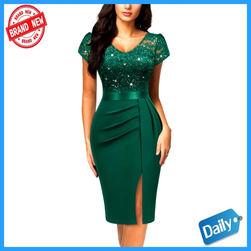 V-Neck Glitter Sequin Lace Cocktail Dress Elegant Party Wear Puff Sleeves